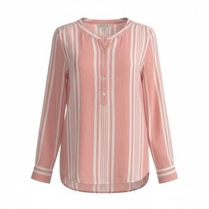 Denim&Co. Linen Viscose Long Sleeve Pink Striped Tab Sleeve Cuffed Blouse